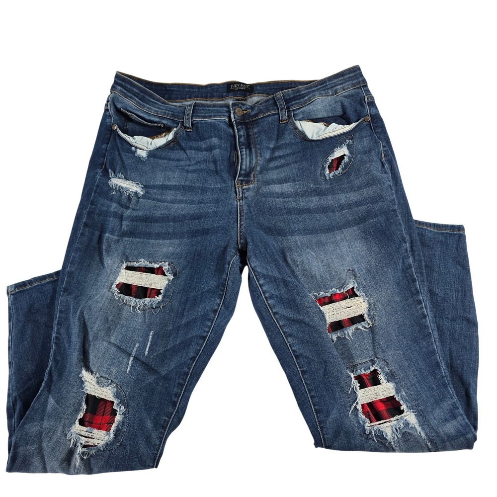 Judy Blue 20W Skinny Fit Distressed Plaid Lace Patch Jeans JB8268DK-PL‎ Medium